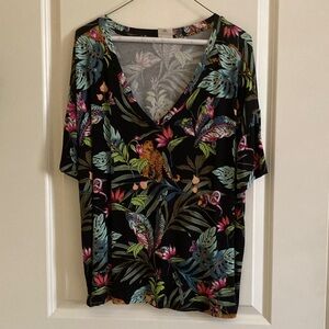Soma Black V-Neck Tropical Floral & Leaf Print Short Sleeve Pajama Top